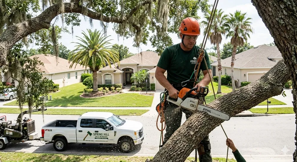 Certified arborist with a chainsaw working in a tree, branded truck parked below