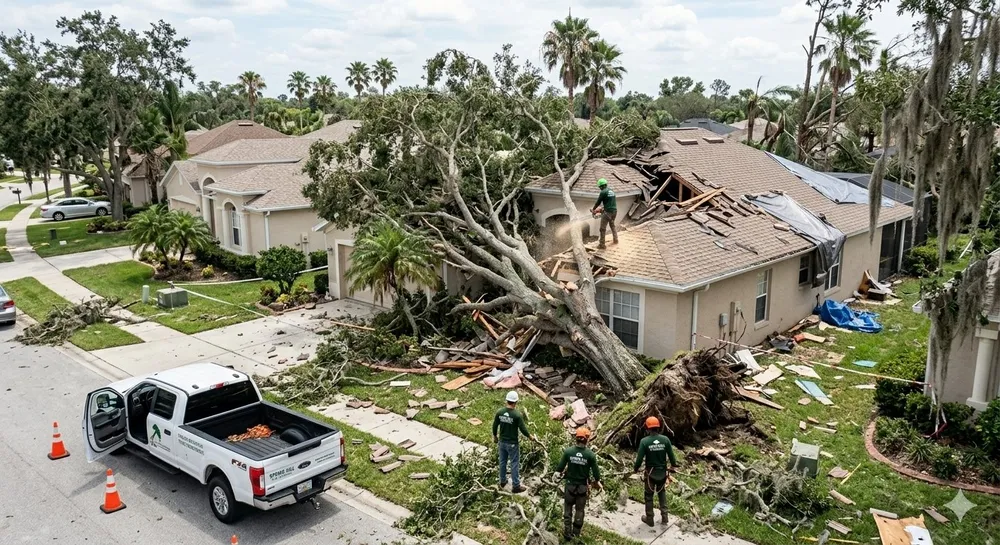 Emergency tree removal crew working on a storm-damaged home in Hernando County, FL