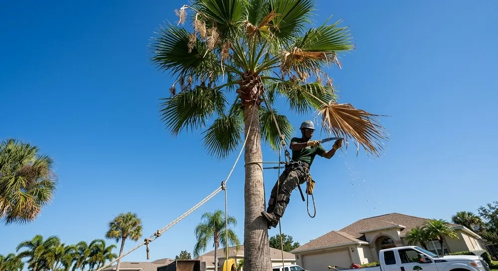 Certified arborist trimming a palm tree in Spring Hill, Florida