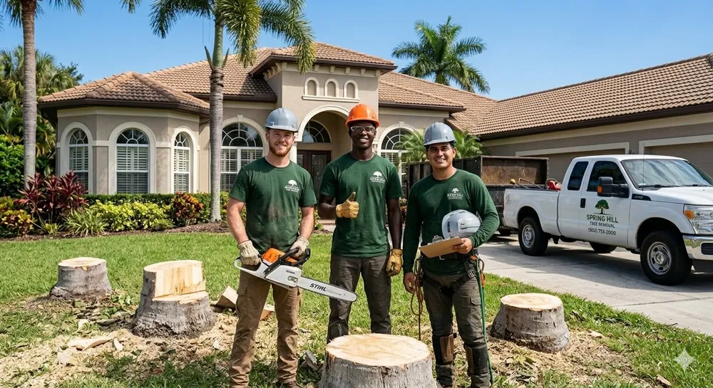 Spring Hill Tree Removal crew with completed stump grinding work in front of a residential home