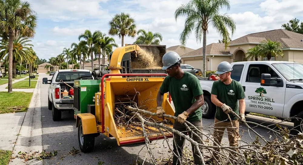 Spring Hill Tree Removal crew chipping brush and tree debris with a wood chipper